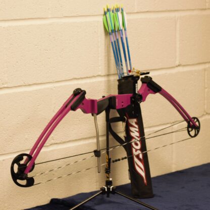 Compound archery bow with arrows leaning on wall